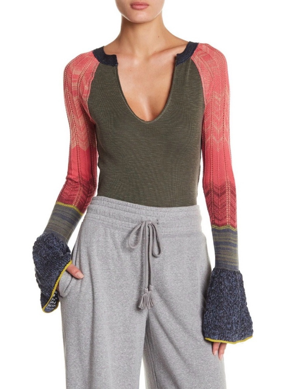 FREE PEOPLE Moss Green Heathered Sunshine Cotton Thermal Bell Cuff Top Medium